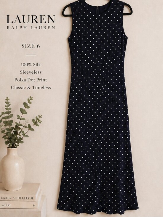 Dresses & Skirts - Ralph Lauren 100% Silk Polka Dot Dress 6 Navy/White Elegant